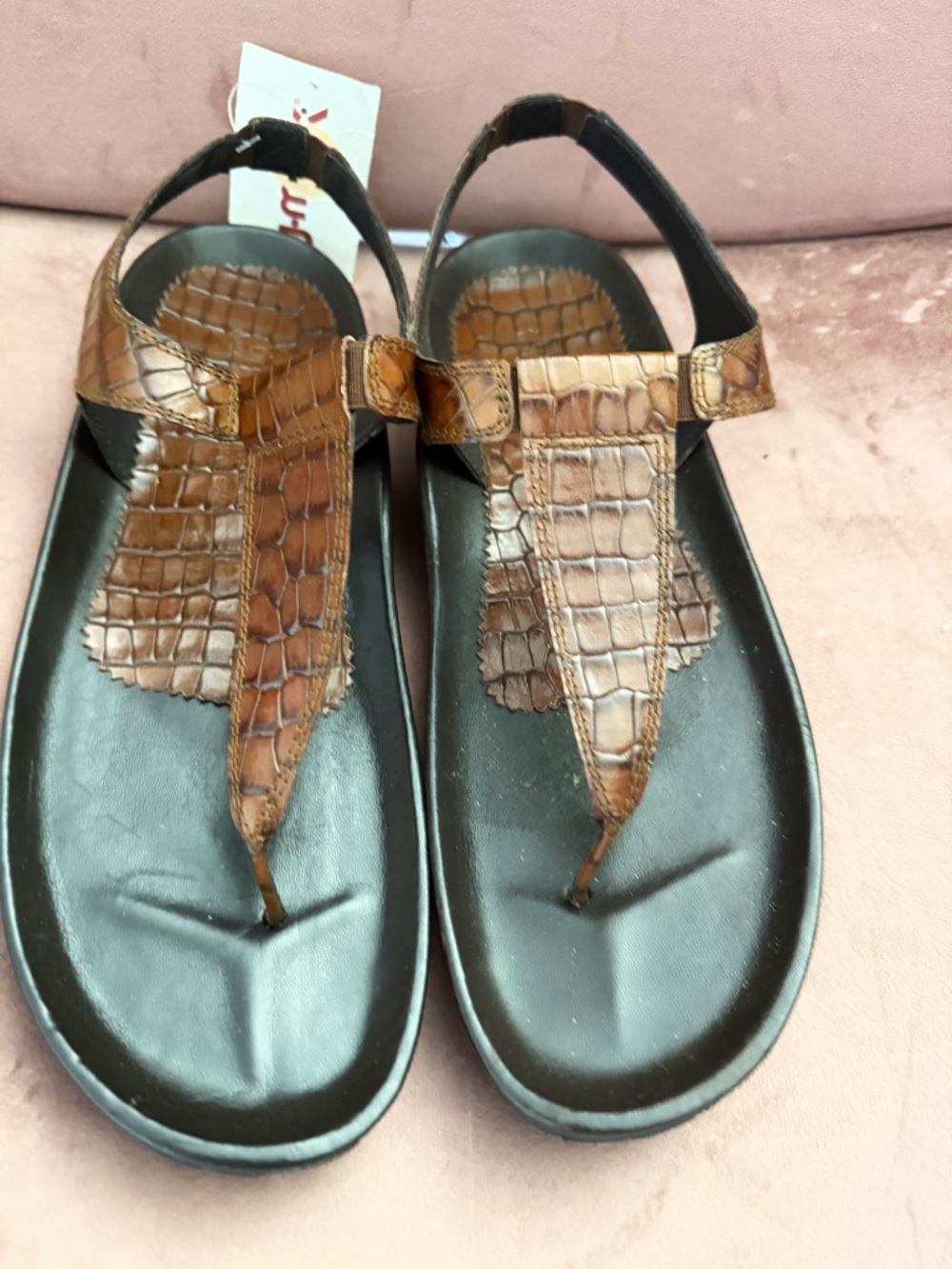 Donald J. Pliner Brown Croc-Embossed Leather T-Strap Sandals
